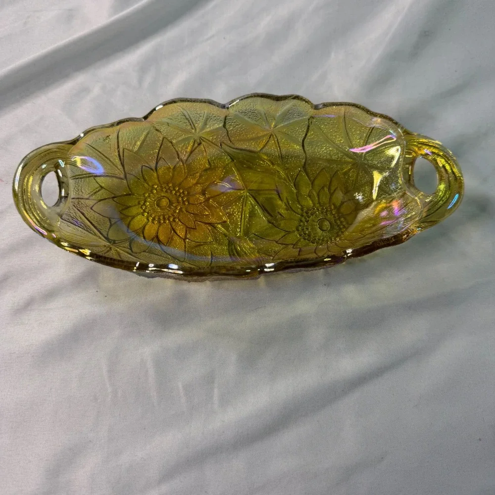 Vintage Sunflower Carnival Glass Relish Dish Marigold Iridescent Amber Tray